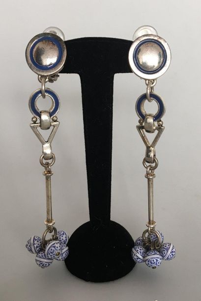 null CLAIRE DEVE Paris Pair of silver plated resin ear clips and blue and white bells...