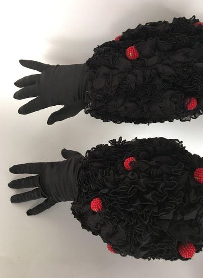 null ISABEL CANOVAS Pair of black satin gloves with large ruffled cuffs decorated...