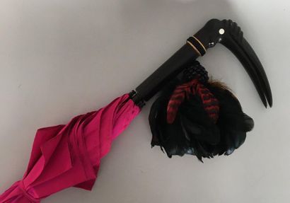 null ISABEL CANOVAS Ebony and fuschia silk umbrella with pelican head and feather...