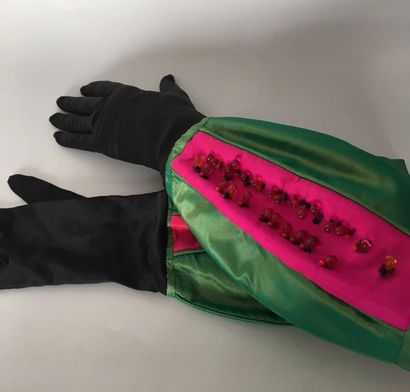 null ISABEL CANOVAS Two black satin gloves left hand and green and pink silk watermelon...