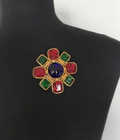 null CHANEL by GRIPOIX Cross brooch in gold plated metal and cabochons of red, blue...