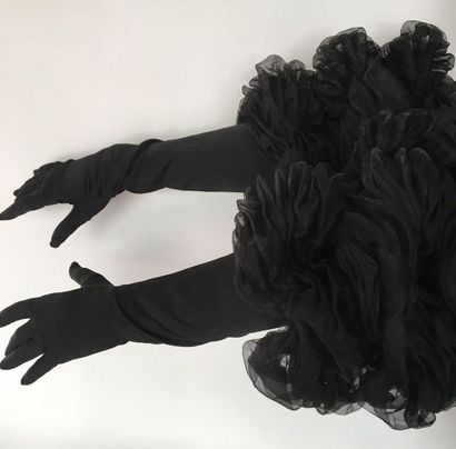 null ISABEL CANOVAS Pair of long black satin gloves with bouillonné tulle cuffs circa...