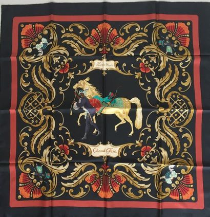 null HERMES Paris "Turkish Horse" silk square black background brick frame (good...