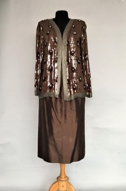 null JEANNE LANVIN CASTILLO Paris Ensemble jupe en soie marron et veste en crêpe...