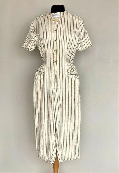 null GUY PAULIN Simplissime Short sleeved jumpsuit in ivory cotton with grey stripes...