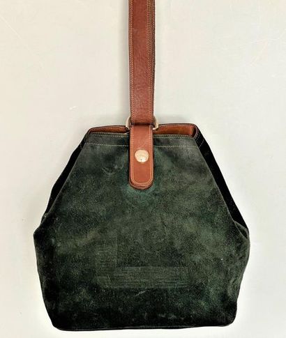 LANCEL 
Bucket bag in green suede and beige...