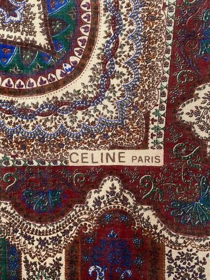 null CELINE Paris Châle en étamine de laine à décor d'arabesques en brun