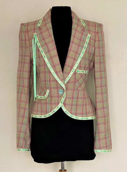  EMMANUEL UNGARO Paris Wool and cotton jacket with beige and pink checks, turquoise...