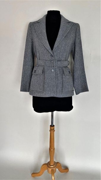 null TED LAPIDUS Grey and white herringbone wool jacket with belt Size 36