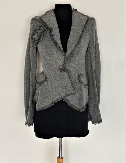  UNGARO FEVER Grey flannel short jacket with fringed edge Size 38
