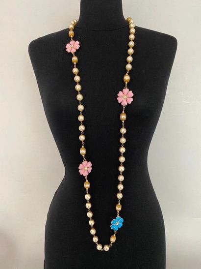 null GLASS HISTORY Gold metal necklace filigree pearly pearls and turquoise and pink...