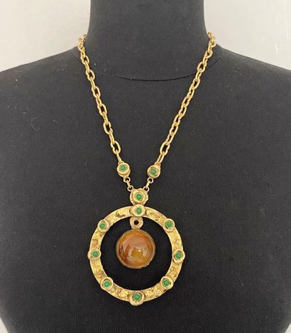 null HENRY Collier à pendentif circulaire en métal doré patiné perles de verre vert...