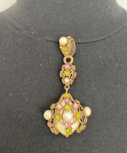 null HENRY Openwork patinated gold metal pendant with green and pink pearl beads...