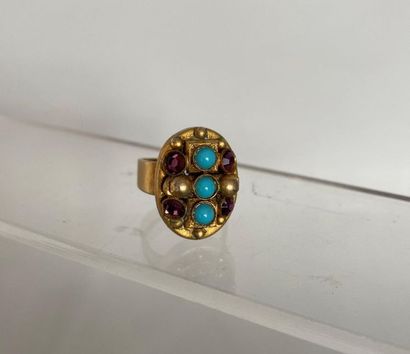 null HENRY Adjustable patina metal ring with small turquoise beads and mauve strass...