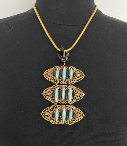 null Gold-plated metal tubogaz necklace with filigree pendant decorated with turquoise...