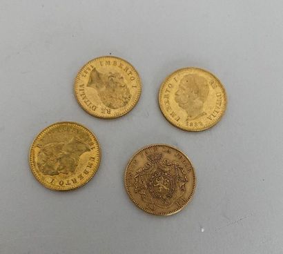 null Lot de 3 pièces de 20 lires or 1882 et 1 pièce de 20 FB or 1874 poids :25,7...