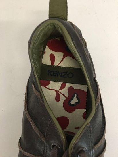 null KENZO Paire de baskets en cuir et lacet de daim marron Taille 9/43 (bon éta...