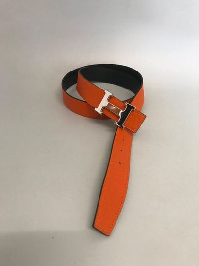 null HERMES Paris Made in France Orange and black grained leather belt H buckle silver...