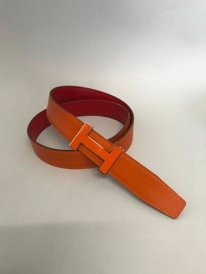 null HERMES Paris Made in France Reversible belt in orange and red box H buckle in...