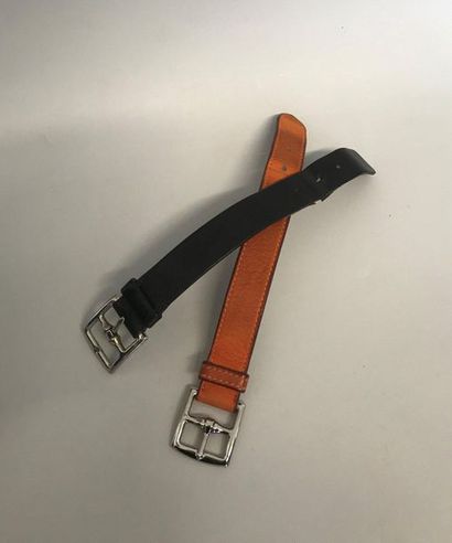 null HERMES 2 Orange and black leather straps belt buckle in palladié metal (doubure...