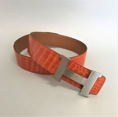 null HERMES Paris Made in France Crocodile belt porosus (2009) orange steel H buckle...