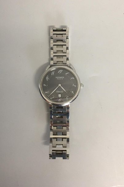 null HERMES Paris Automatic Brushed steel "arch" GM bracelet watch H link with folding...