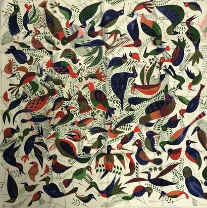 null HERMES Paris "Le bal des oiseaux" by Jeff Fisher polychrome silk square on ivory...