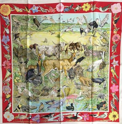 null HERMES Paris "Texas wildlife" by Kermit Oliver square polychrome silk with red...