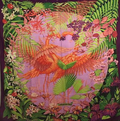 null HERMES Paris "Flamingo party" by Laurence Bourthoumieux Cashmere and silk shawl...
