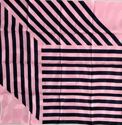 null HERMES Paris square silk and satin navy stripes on pink background (perfect...