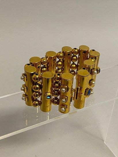 null POGGI Large bracelet tank en métal doré strass de couleur et perles nacrées...