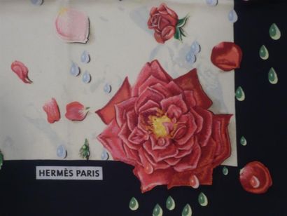 HERMES Paris "La Rosée" par A.Gavarni Carré en soie ivoire bordure bleue -1960 (...