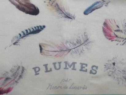 HERMES Paris "Plumes" par Henri de Linarès Carré en soie bordure verte amande fond...