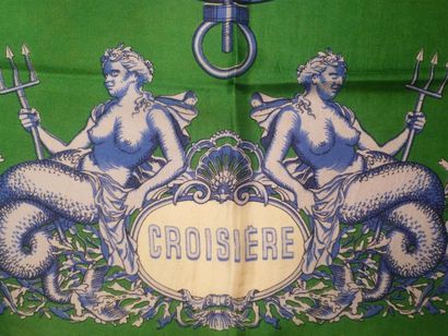 HERMES Paris "Croisière" Rare carré en soie verte (tâches et usures/spots and te...