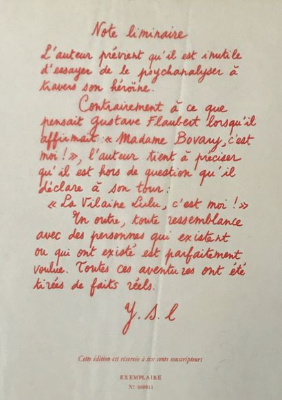 null YVES SAINT LAURENT " La vilaine Lulu" exemplaire 13 - Tchou éditeur 1967