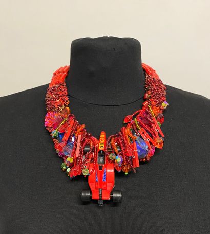 null LILIANE MULLER Bib necklace in red leather trim with Formula 1 and pendants...