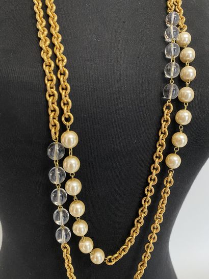 null CHANEL Made in France 2 rows gold plated metal sautoir with pearly pearls and...
