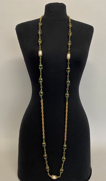 null 
CHANEL Made in France Gold plated metal long necklace with crossed stitch green...