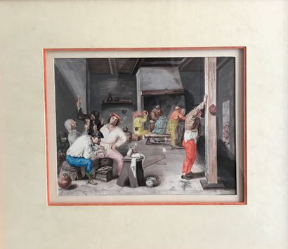 null In the taste of the Flemish school Pair of watercolours tavern scenes framed...