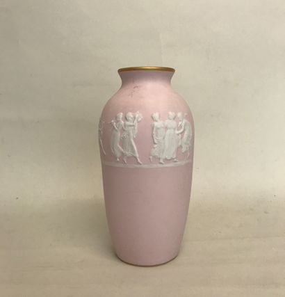 null THARAUD Limoges France Ovoid pink biscuit vase with a frieze of dancers in the...