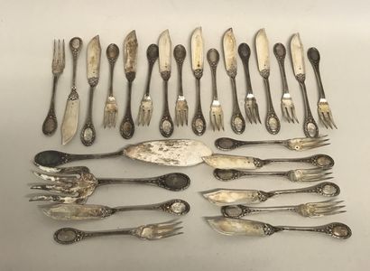 null Set of 12 fish cutlery and 1 silver service cutlery 925 thousandths spatula...