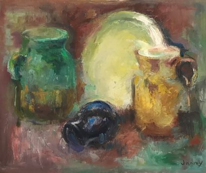 null JANREY (XX° school) Composition with pitchers oil on canvas signed below right...