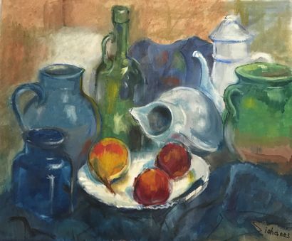 null IOHANES (XX° school) Composition with jugs and fruit bowl oil on canvas signed...
