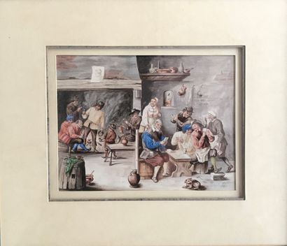 null In the taste of the Flemish school Pair of watercolours tavern scenes framed...