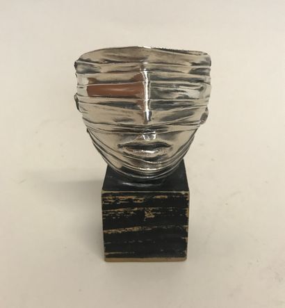 null IGOR MITORAJ Mask draped silver metal sculpture on wooden base published by...