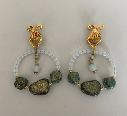 null Pair of gold plated metal ear clips with ribbon and opalescent faceted glass...