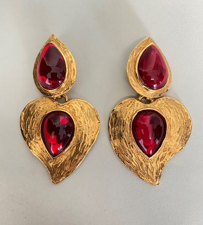 null YVES SAINT LAURENT by ROBERT GOOSSENS Pair of gold-plated metal and red glass...