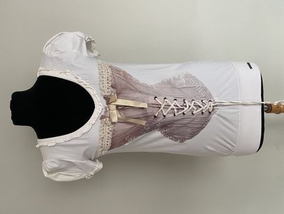 null GALLIANO Tee shirt en coton imprimé d'un corset lacet et bande de dentelle -...
