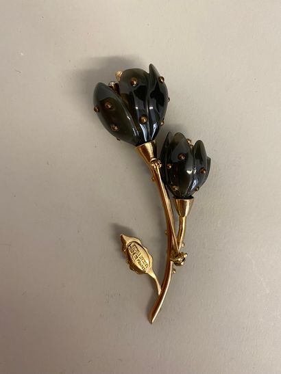 null SONIA RYKIEL Made in France Broche tulipe en métal doré, résine verte et petits...