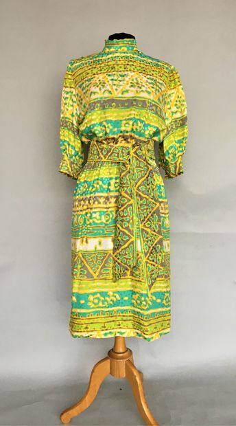 null GIVENCHY New Boutique Printed silk dress in green and yellow with belt Size...